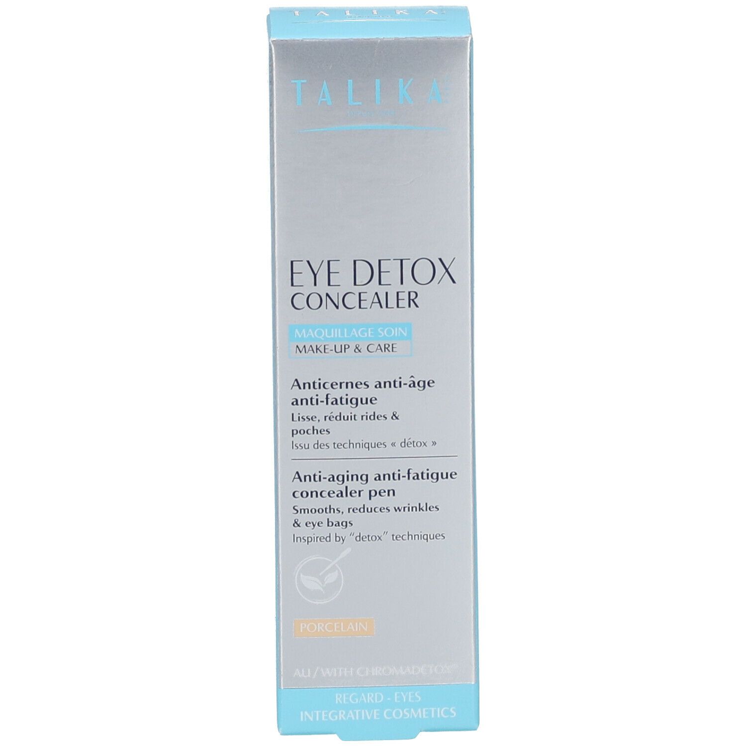 Emballage avec logo TALIKA et nom du produit. Texte: EYE DETOX CONCEALER. Couleur: Porcelaine. Fond bleu.