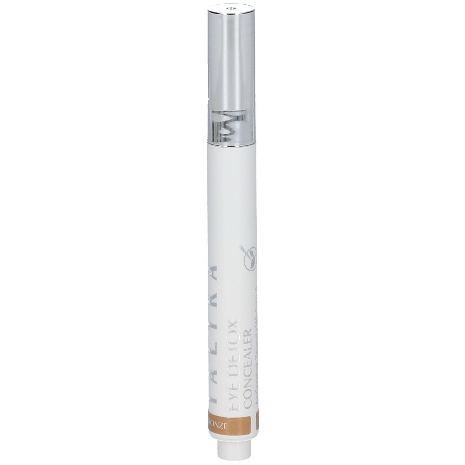 Weißer Stift mit silberner Kappe. Aufschrift: EYE DETOX CONCEALER. Farbton: BRONZE.