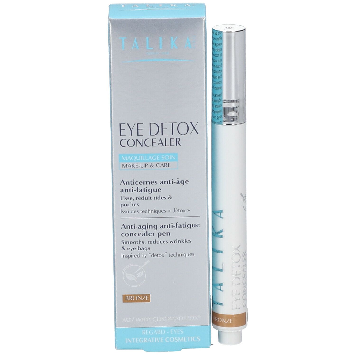 Produktverpackung mit Stift. Aufschrift: EYE DETOX CONCEALER, BRONZE. Blaue und silberne Farben.