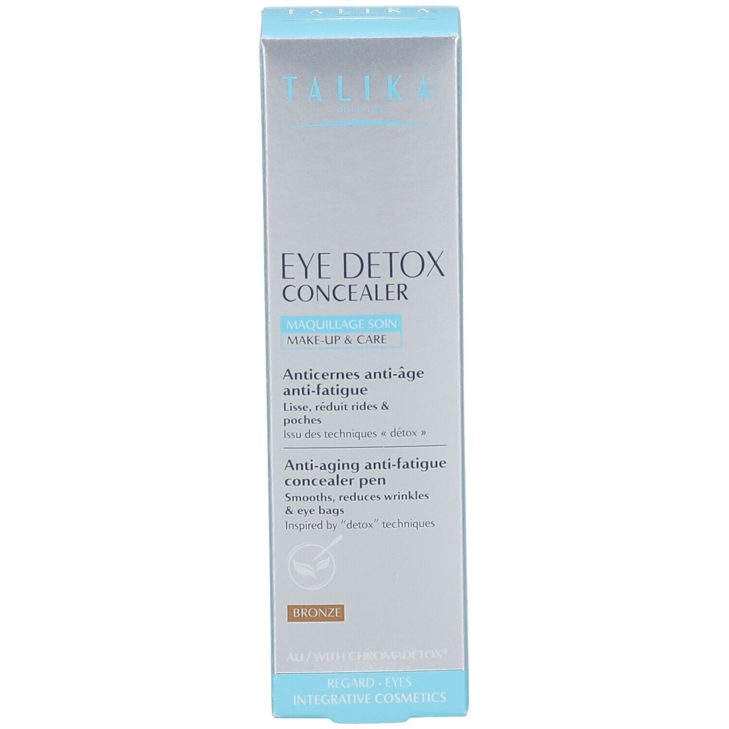 Produktverpackung. Aufschrift: EYE DETOX CONCEALER, BRONZE. Blaue und silberne Farben.