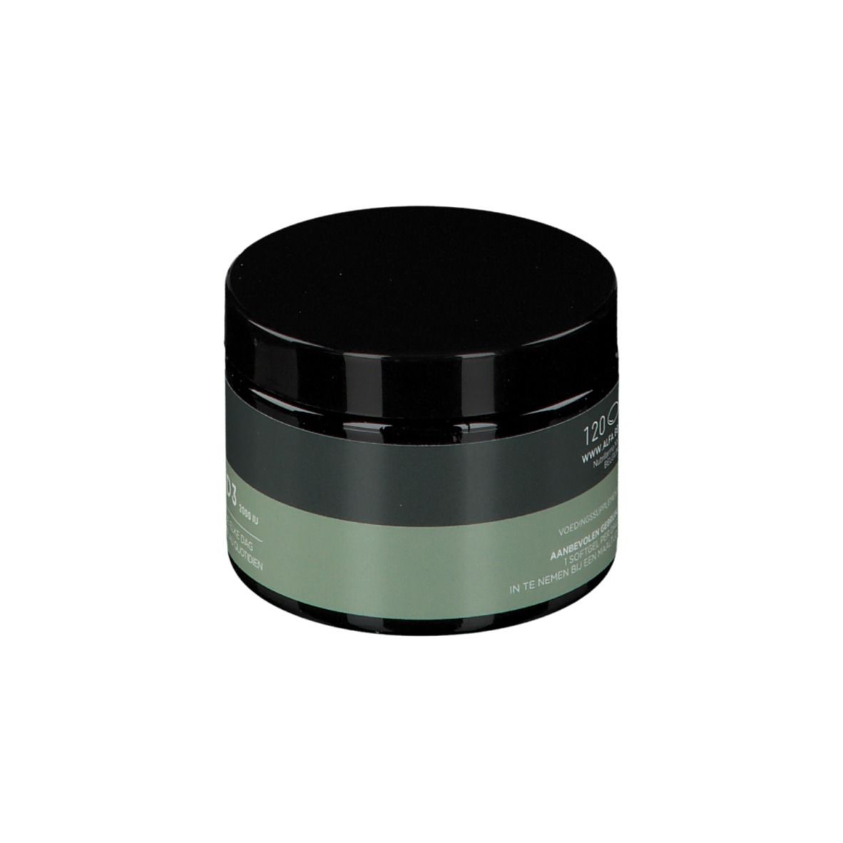 Pot avec couvercle noir. Inscription : Alfa, Vitamine D3. Bande gris-vert avec texte. 120 gélules.
