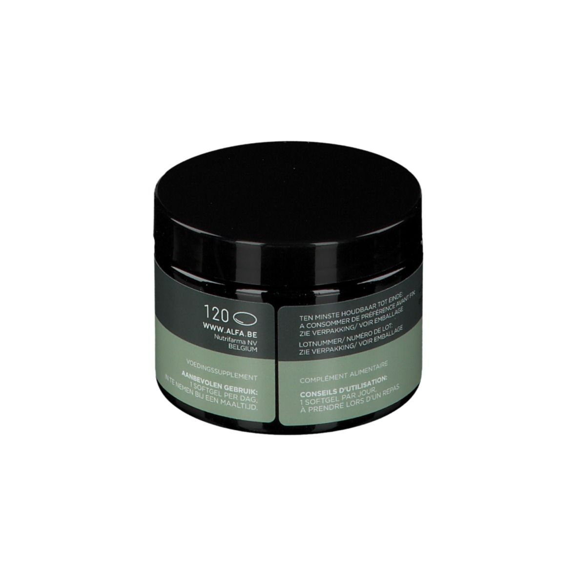 Pot avec couvercle noir. Inscription : Alfa, Vitamine D3. Bande gris-vert avec texte. 120 gélules.