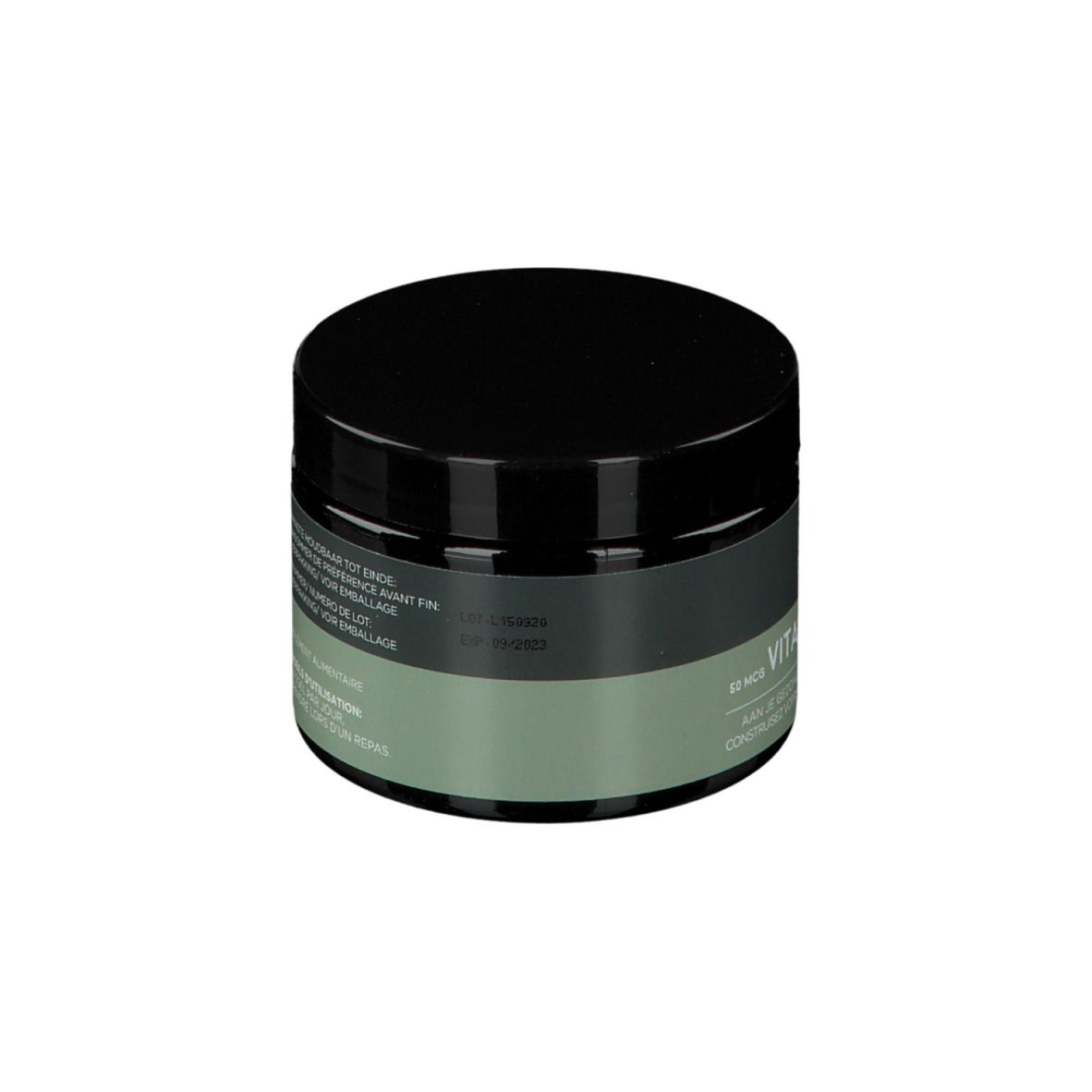 Pot avec couvercle noir. Inscription : Alfa, Vitamine D3. Bande gris-vert avec texte. 120 gélules.