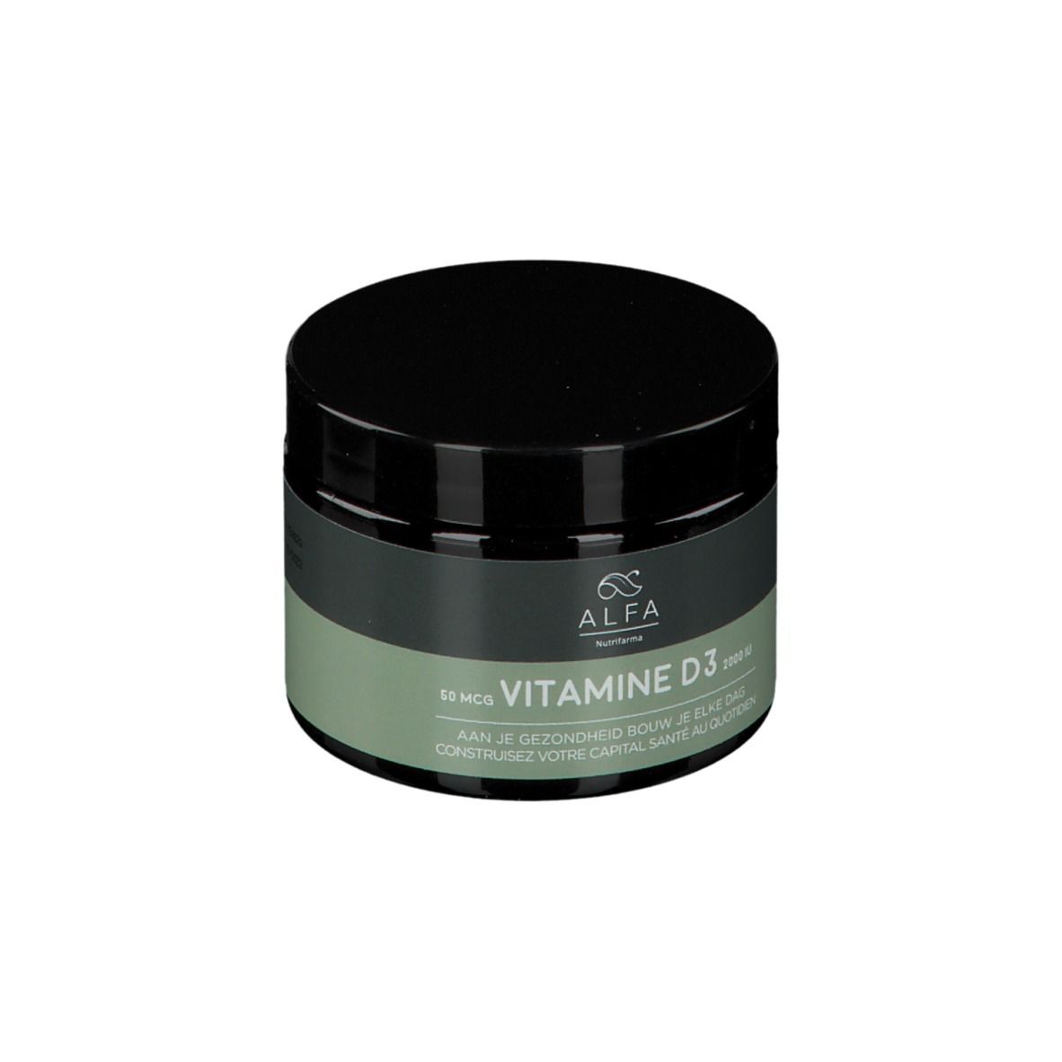 Pot avec couvercle noir. Inscription : Alfa, Vitamine D3. Bande gris-vert avec texte. 50 mcg.