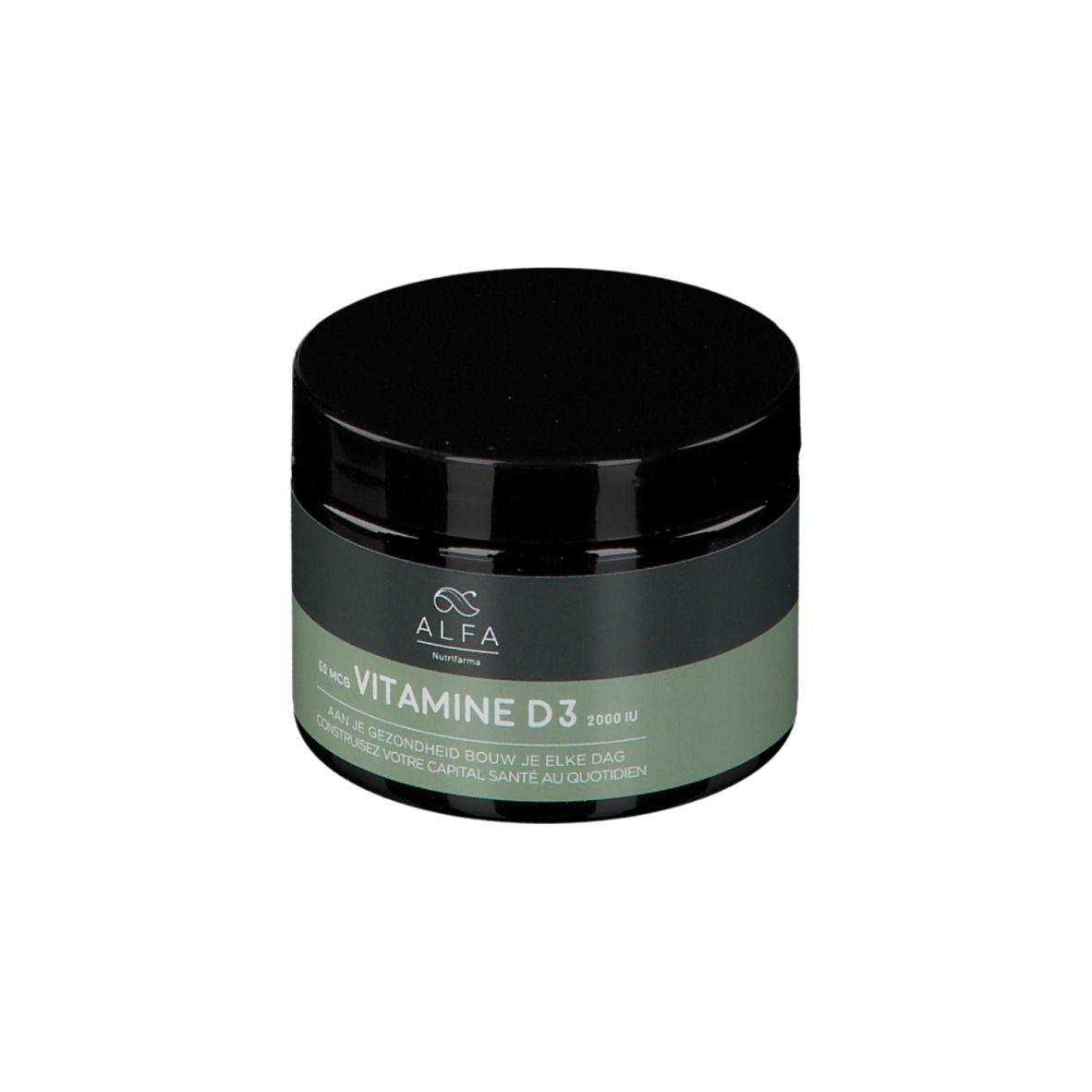 Pot avec couvercle noir. Inscription : Alfa, Vitamine D3. Bande gris-vert avec texte. 1000 UI.
