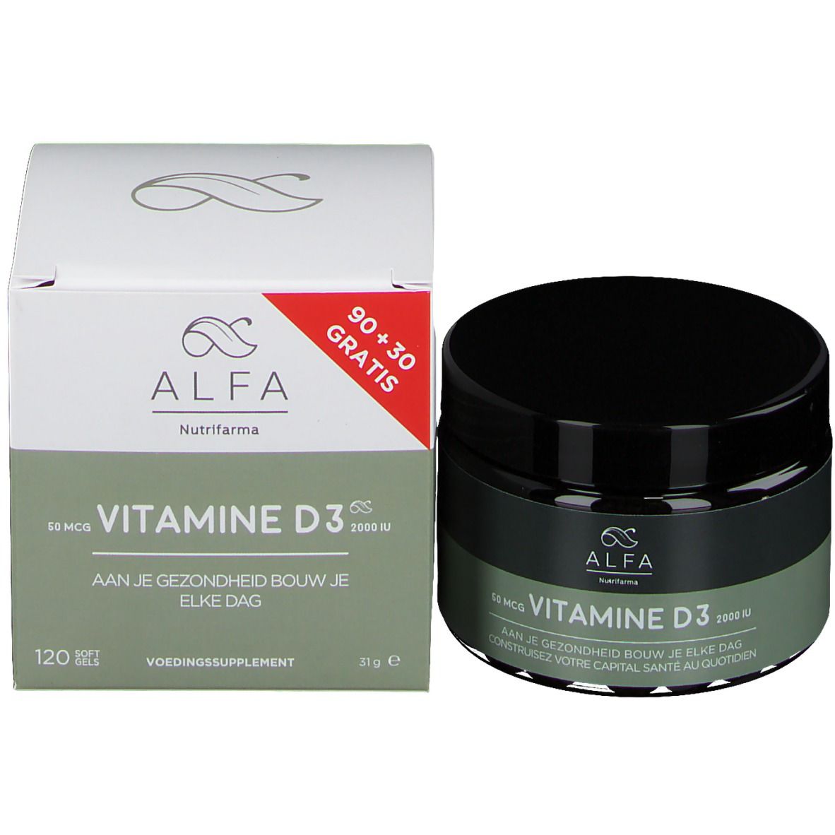 Emballage produit avec pot et boîte. Inscription : Alfa, Vitamine D3. 120 gélules + 30 gratuites.