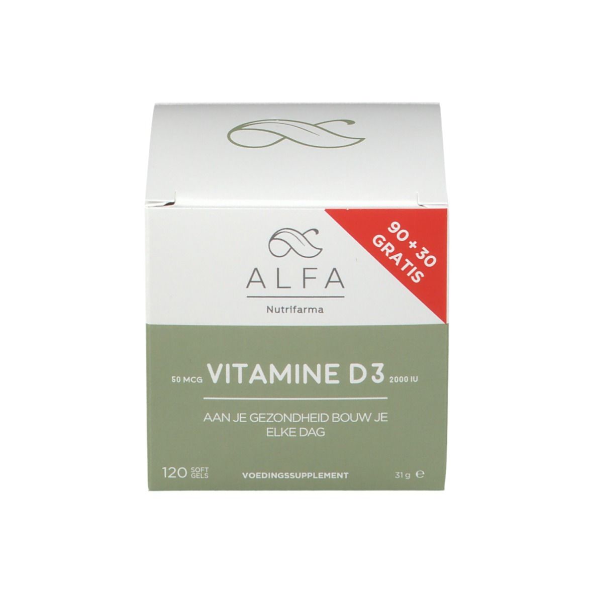 Emballage du produit. Inscription : Alfa, Vitamine D3. 120 gélules + 30 gratuites.