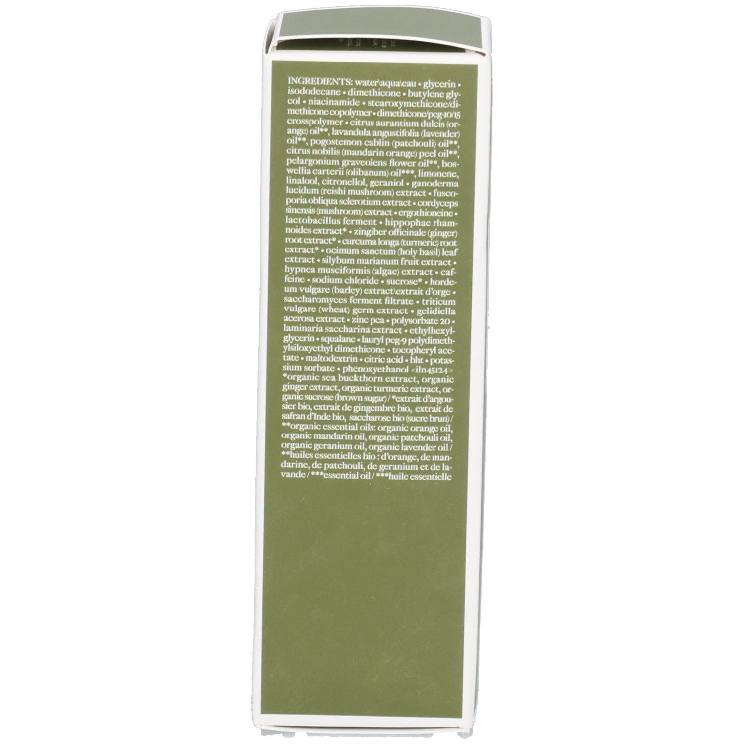 Grüne Verpackung. Auflistung der Inhaltsstoffe in englischer Sprache.