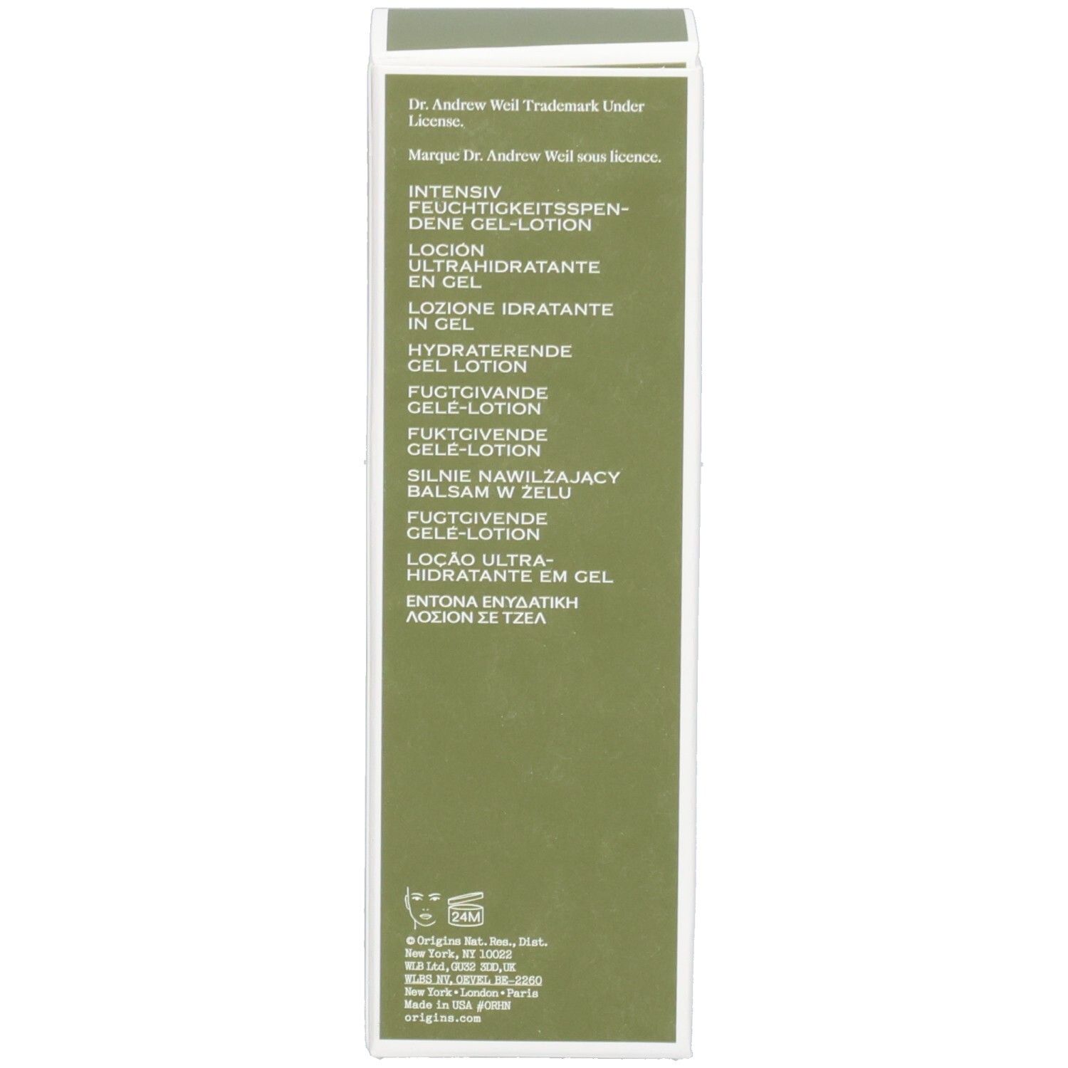 Grüne Verpackung. Mehrsprachiger Text. Abgerundete Oberseite.