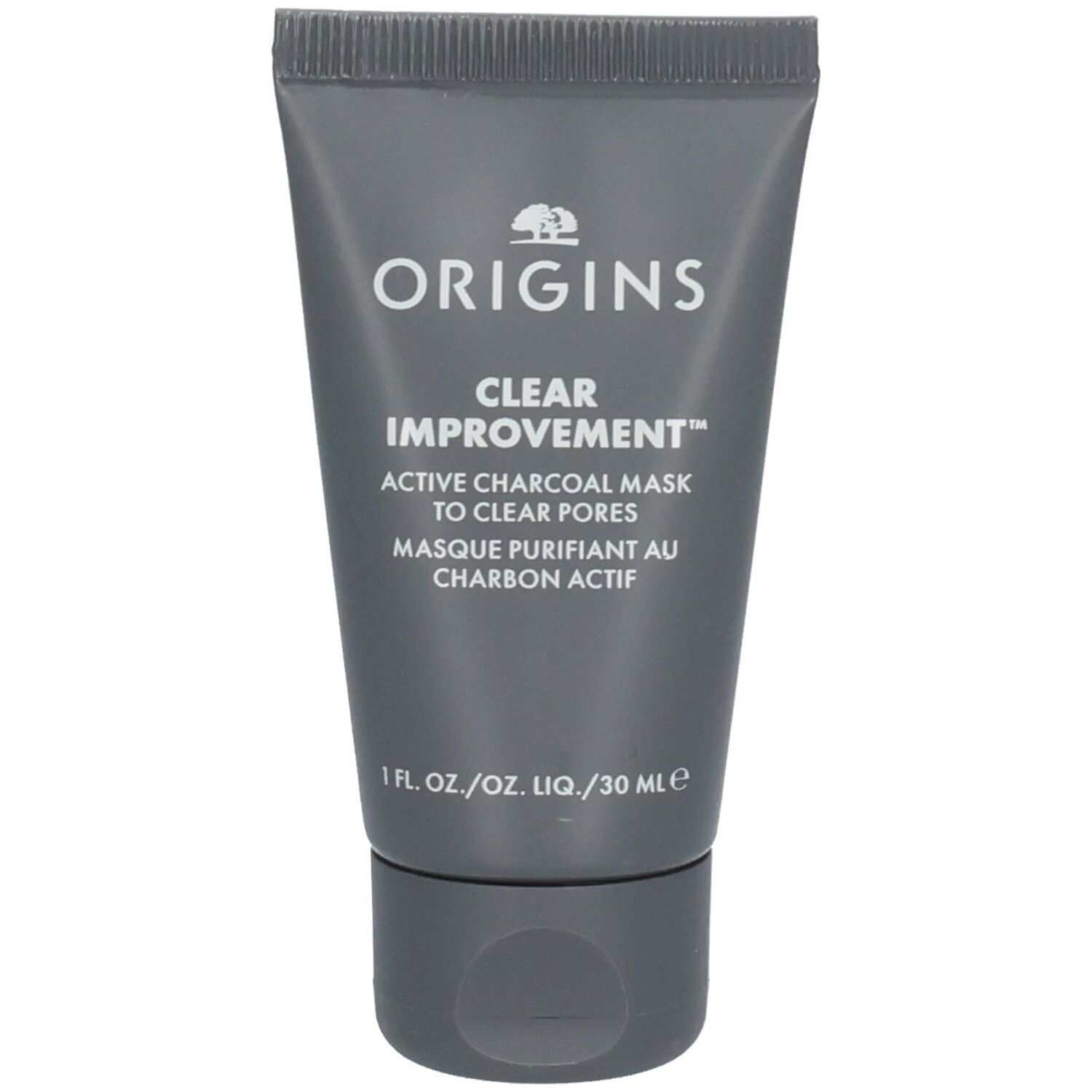 Graue Tube mit weißem "ORIGINS"-Logo und "CLEAR IMPROVEMENT"-Schriftzug. Enthält Aktivkohle-Maske.