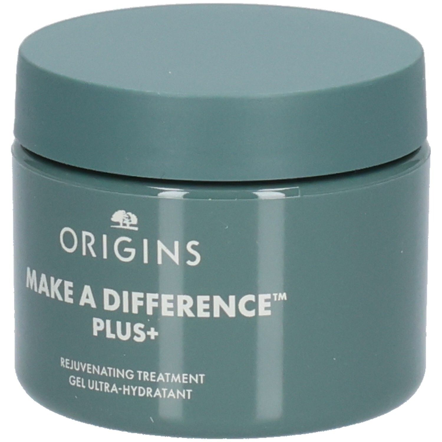 Grüner Tiegel mit Deckel. Aufschrift: ORIGINS, MAKE A DIFFERENCE PLUS+, Rejuvenating Treatment, Gel Ultra-Hydratant.