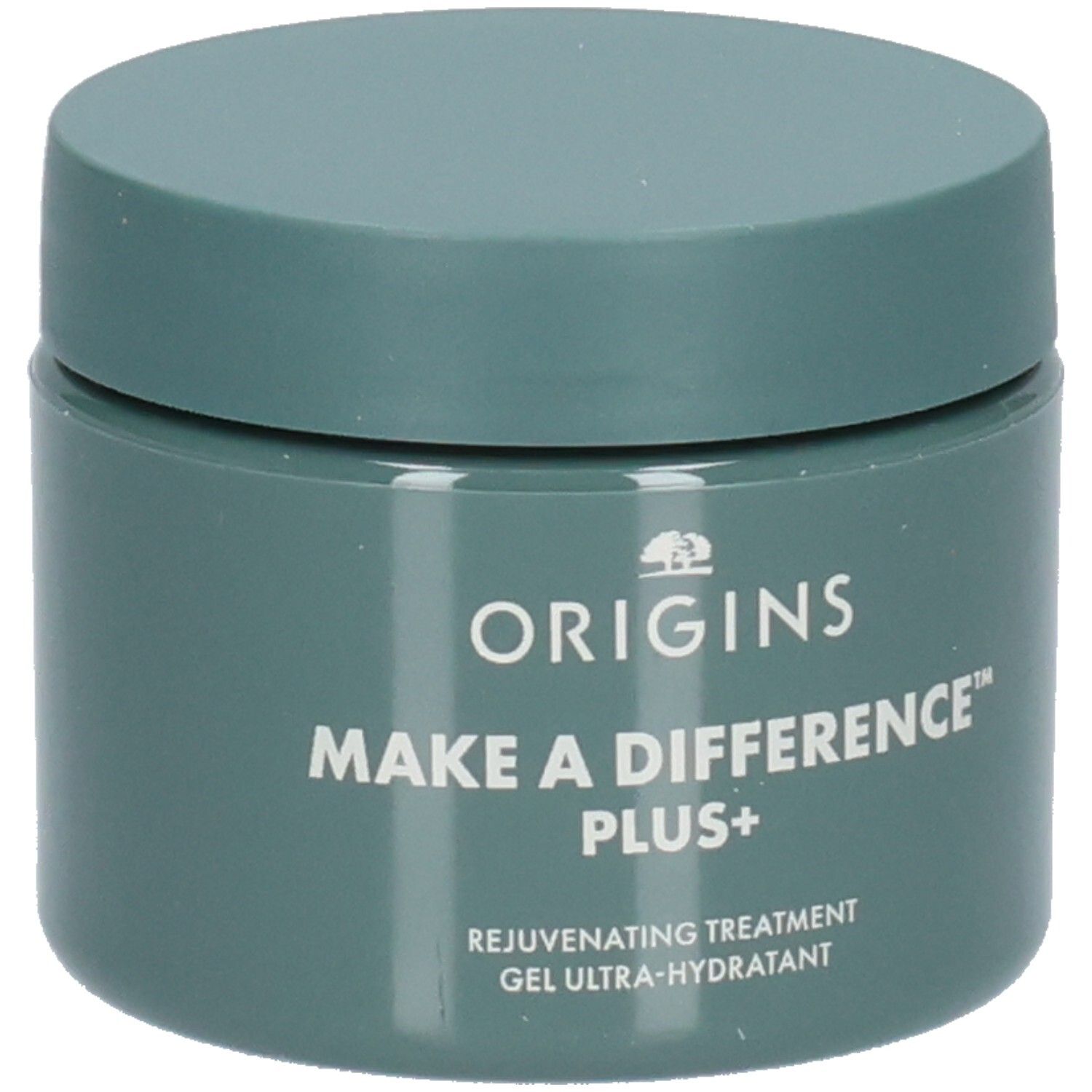 Grüner Tiegel mit Deckel. Aufschrift: ORIGINS, MAKE A DIFFERENCE PLUS+, Rejuvenating Treatment, Gel Ultra-Hydratant.