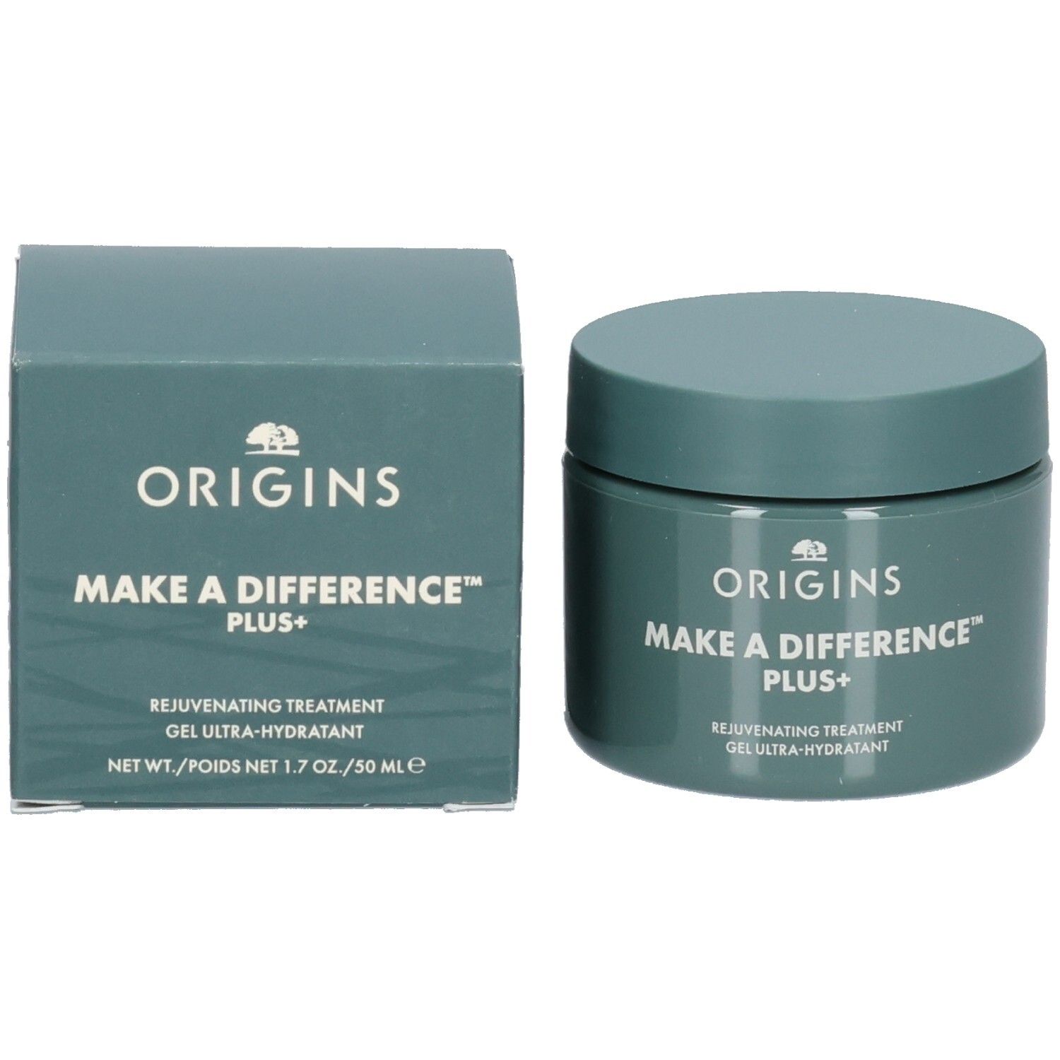 Produktverpackung und Tiegel. Aufschrift: ORIGINS, MAKE A DIFFERENCE PLUS+, Rejuvenating Treatment, Gel Ultra-Hydratant.