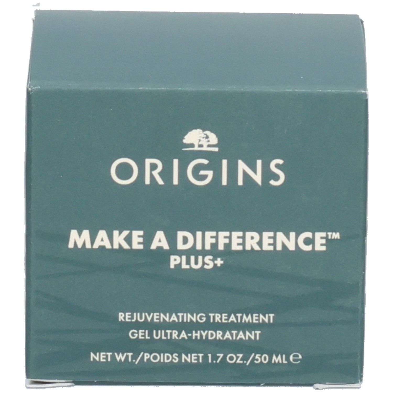 Produktverpackung. Aufschrift: ORIGINS, MAKE A DIFFERENCE PLUS+, Rejuvenating Treatment, Gel Ultra-Hydratant.