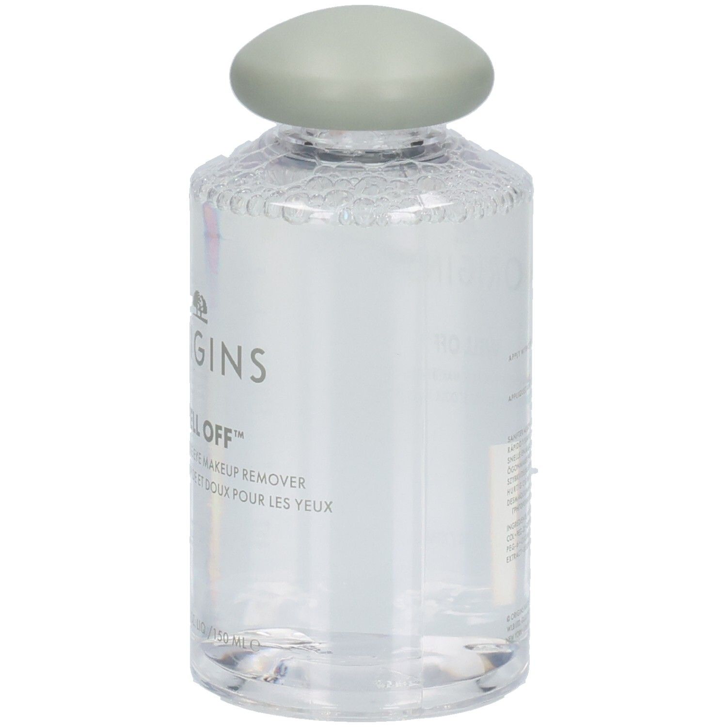 Transparente Flasche mit grünem Deckel. Aufschrift: ORIGINS, WELL OFF. Produktname und Volumenangabe.