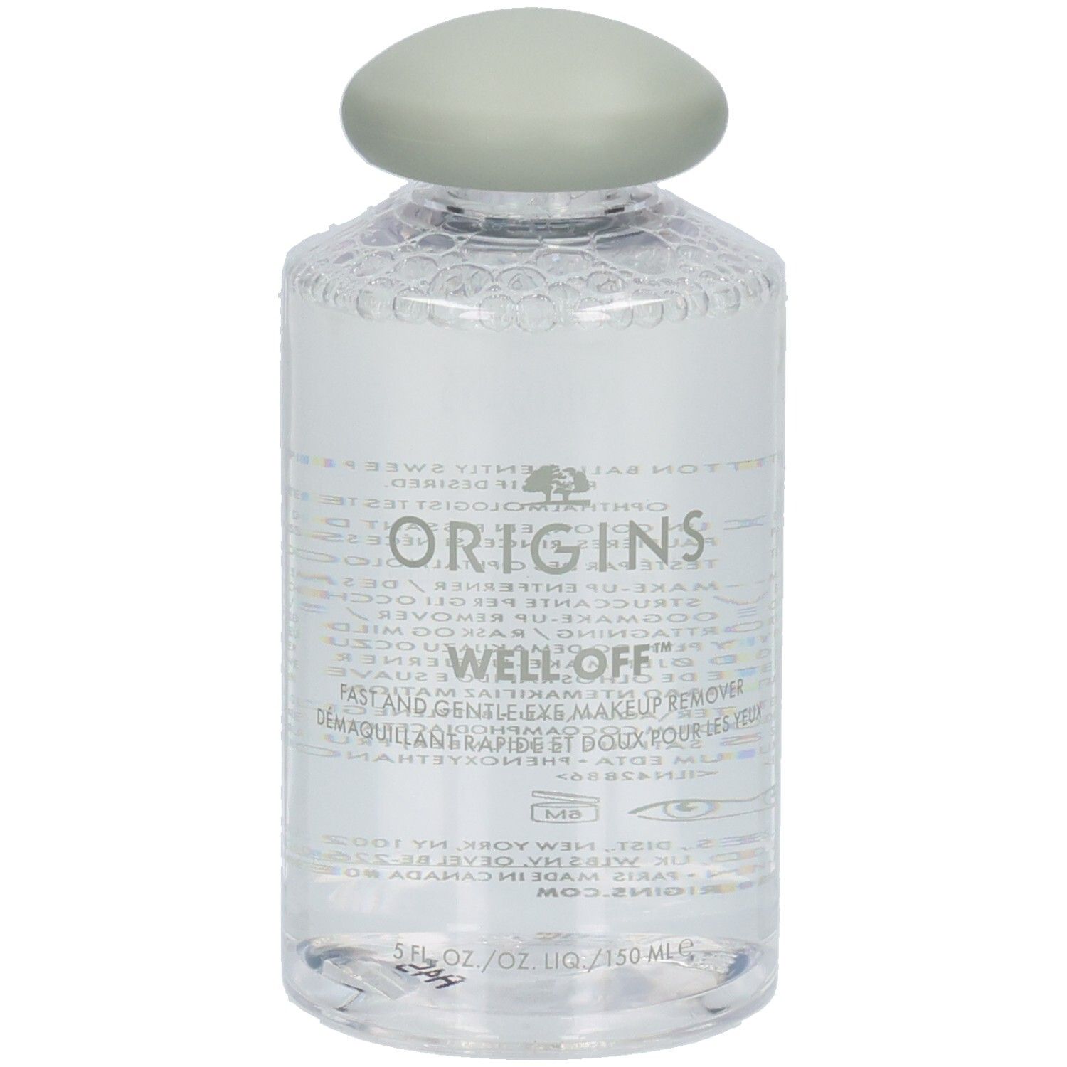 Transparente Flasche mit grünem Deckel. Aufschrift: ORIGINS, WELL OFF. Produktname und Volumenangabe.