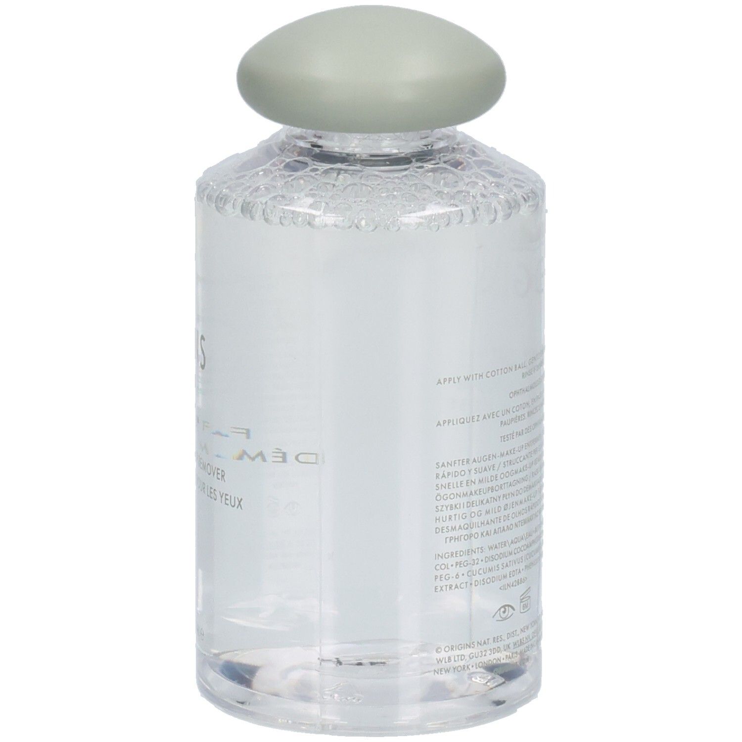 Transparente Flasche mit grünem Deckel. Aufschrift: ORIGINS, WELL OFF. Produktname und Volumenangabe.