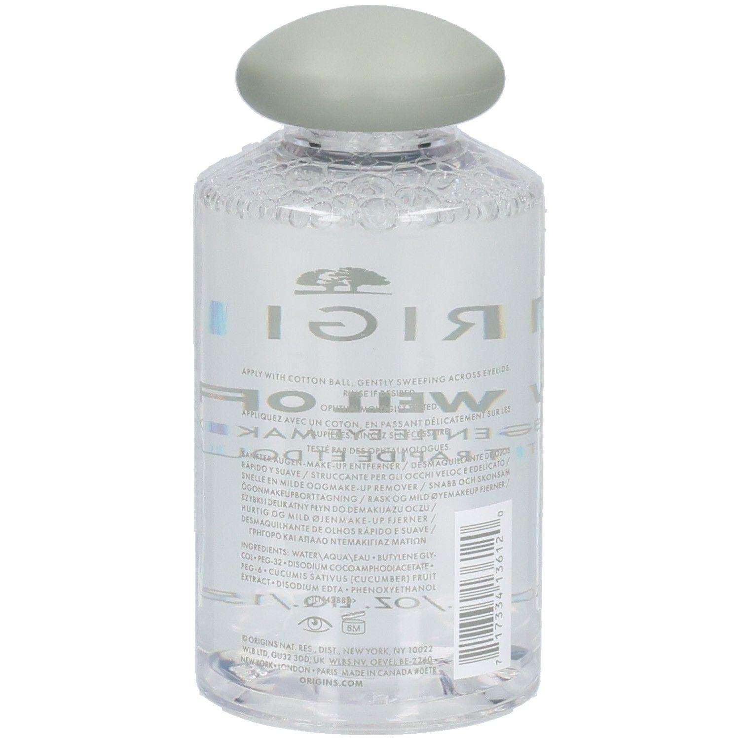 Transparente Flasche mit grünem Deckel. Aufschrift: ORIGINS, WELL OFF. Produktname und Volumenangabe.