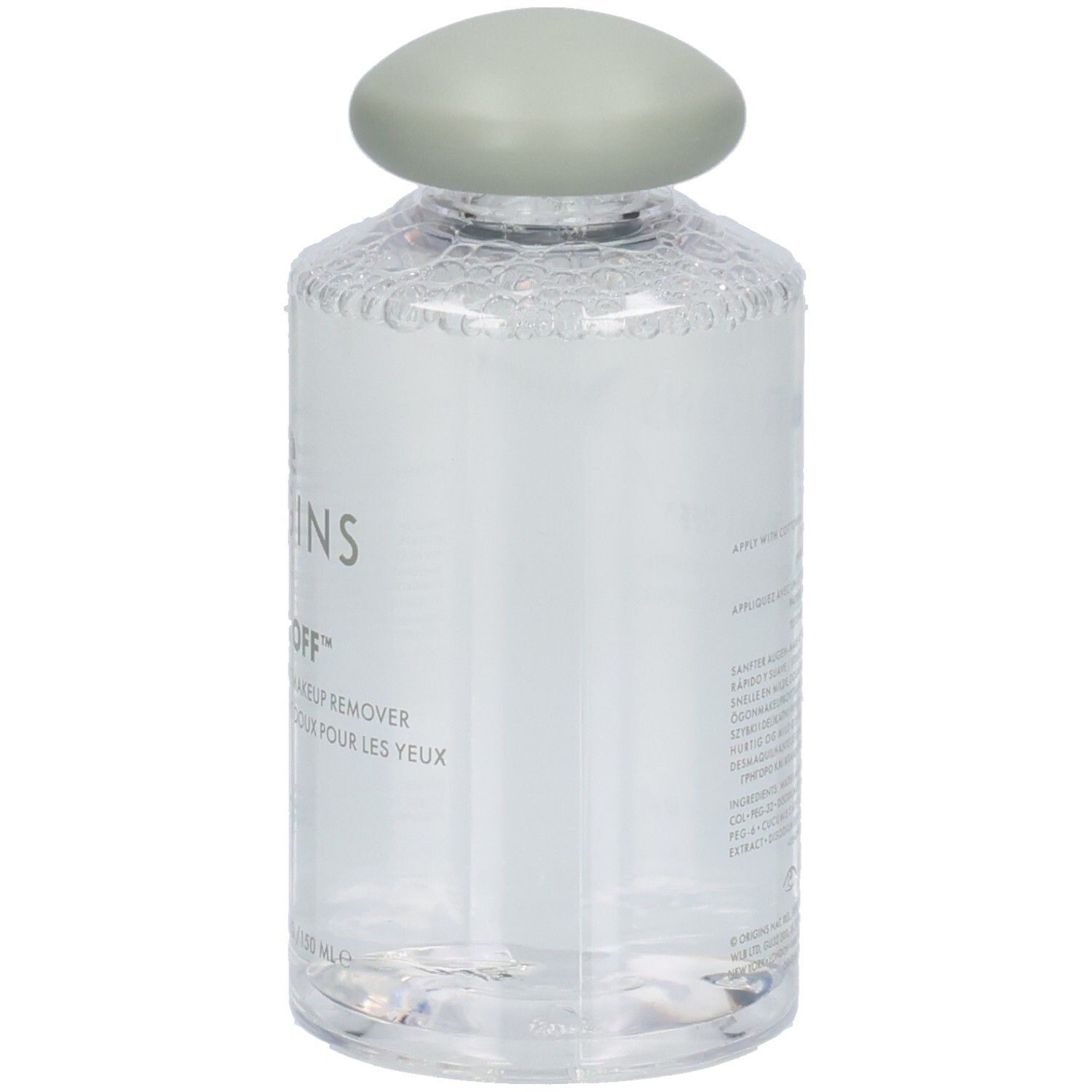 Transparente Flasche mit grünem Deckel. Aufschrift: ORIGINS, WELL OFF. Produktname und Volumenangabe.