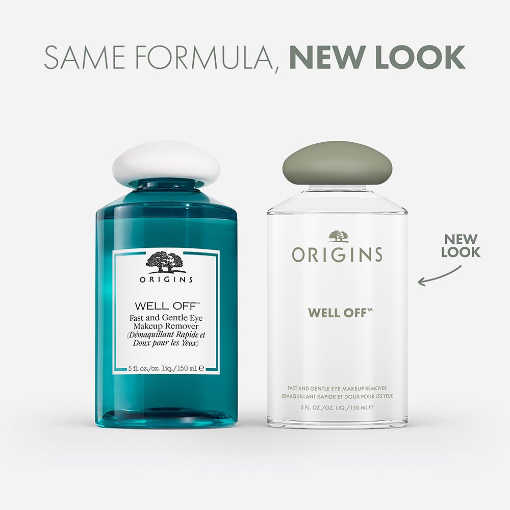 Zwei Flaschen: eine blaue und eine transparente. Aufschrift: ORIGINS, WELL OFF. Produktname und Volumenangabe.