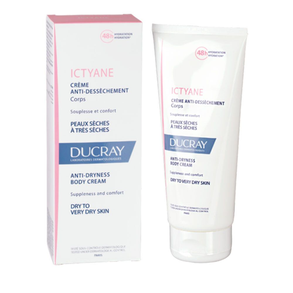 Emballage produit avec tube et boîte. Tube : blanc avec accents roses. Boîte : blanche et rose. Inscription : ICTYANE, DUCRAY.