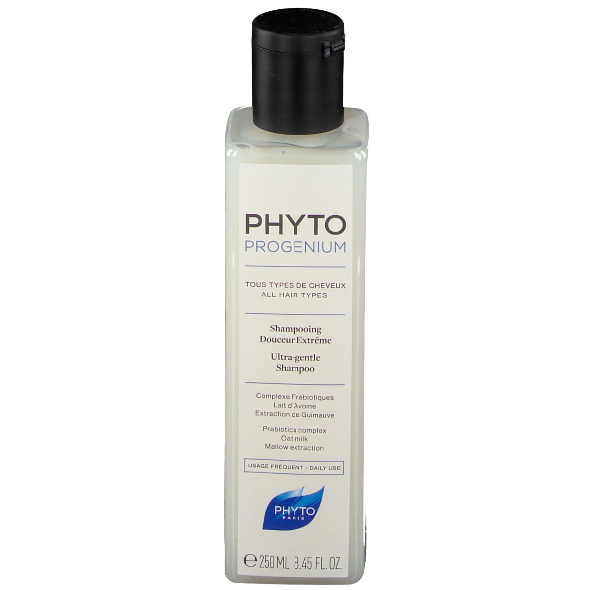 Flacon de shampooing avec bouchon noir. Inscription: PHYTO PROGENIUM, Tous types de cheveux, Ultra gentle Shampoo. 250ml.