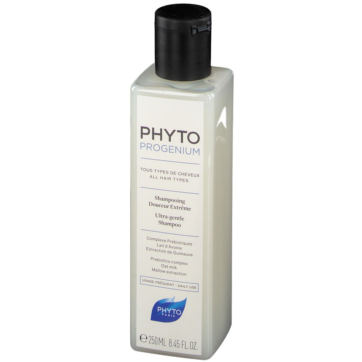Flacon de shampooing avec bouchon noir. Inscription: PHYTO PROGENIUM, Tous types de cheveux, Ultra gentle Shampoo. 250ml.