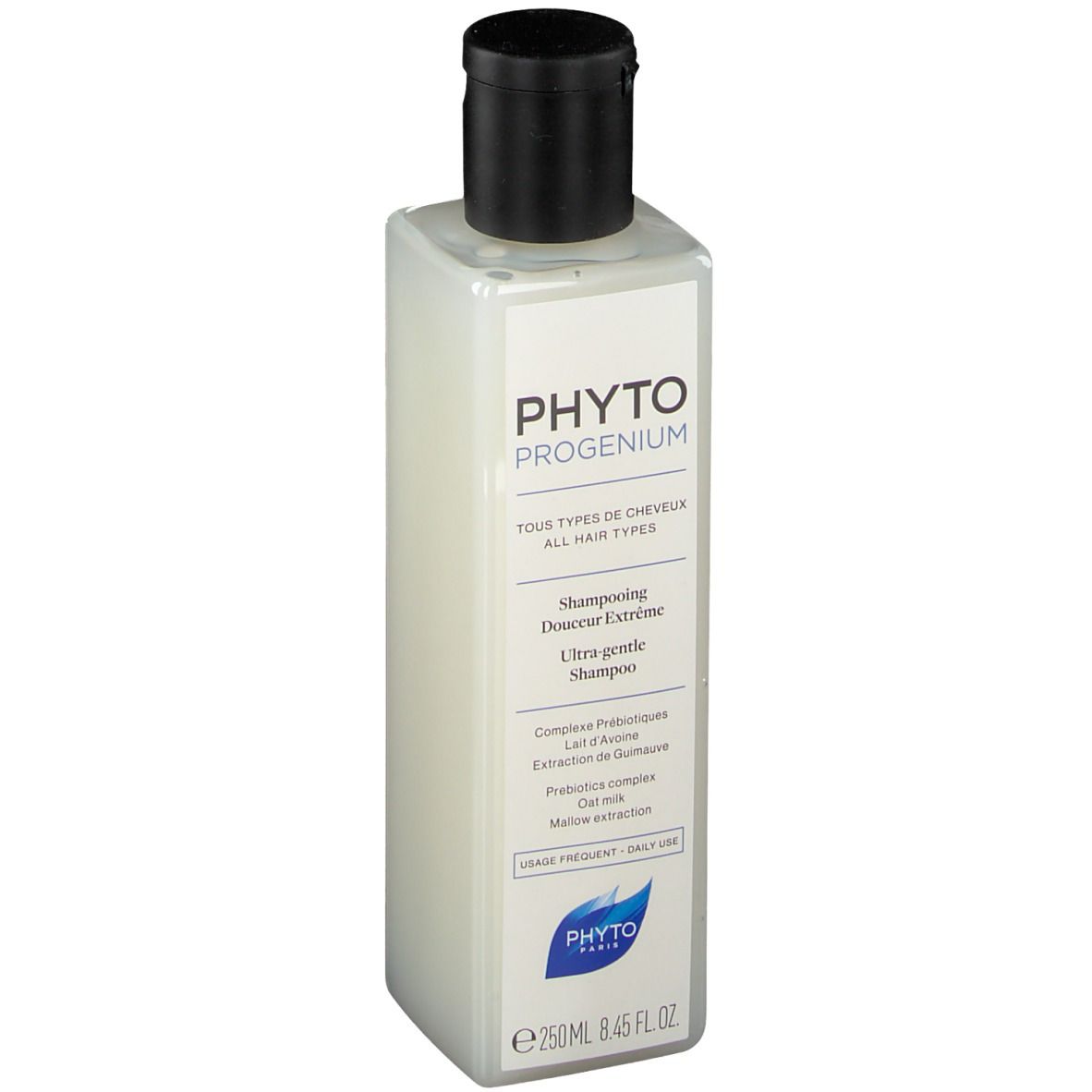 Flacon de shampooing avec bouchon noir. Inscription: PHYTO PROGENIUM, Tous types de cheveux, Ultra gentle Shampoo. 250ml.