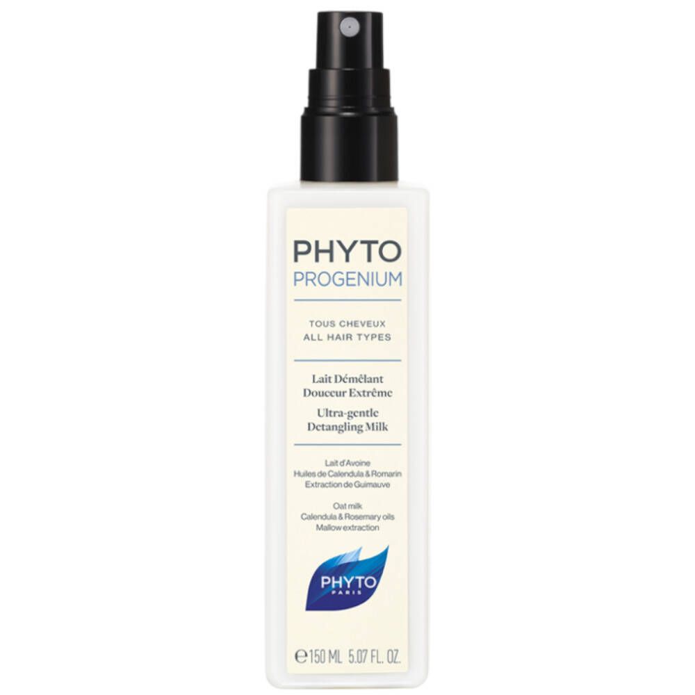 Flacon blanc avec vaporisateur noir. Inscription: PHYTO PROGENIUM, Ultra-gentle Detangling Milk. 150 ml.