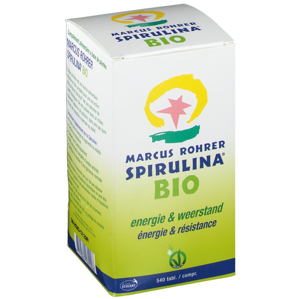 Boîte blanche et verte avec logo "MARCUS ROHRER SPIRULINA BIO". Contient 540 comprimés. Label bio.