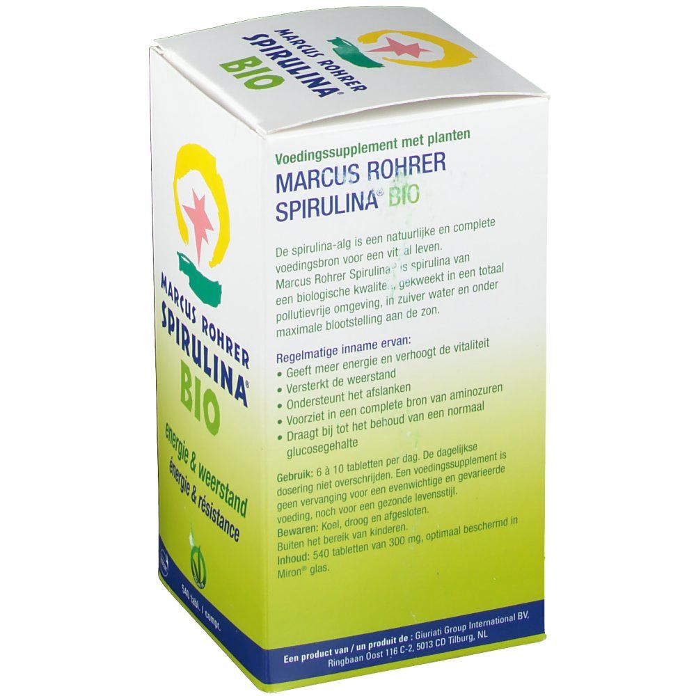 Dos de l'emballage "MARCUS ROHRER SPIRULINA BIO". Texte en néerlandais. Informations sur le produit.