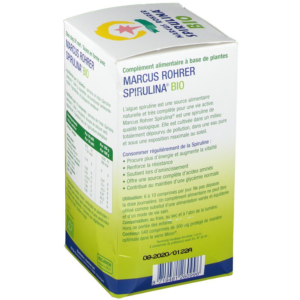 Dos de l'emballage "MARCUS ROHRER SPIRULINA BIO". Texte en français. Informations sur le produit.