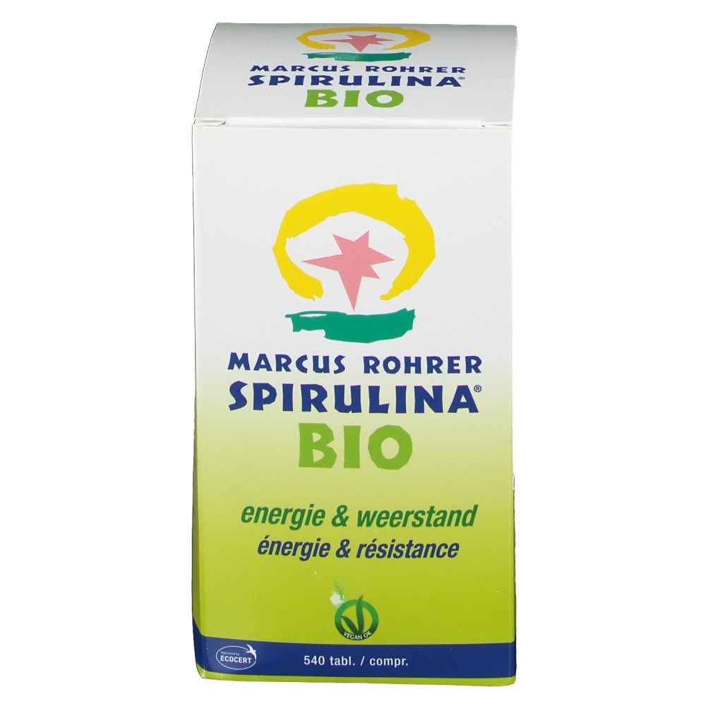 Boîte blanche et verte avec logo "MARCUS ROHRER SPIRULINA BIO". Contient 540 comprimés.