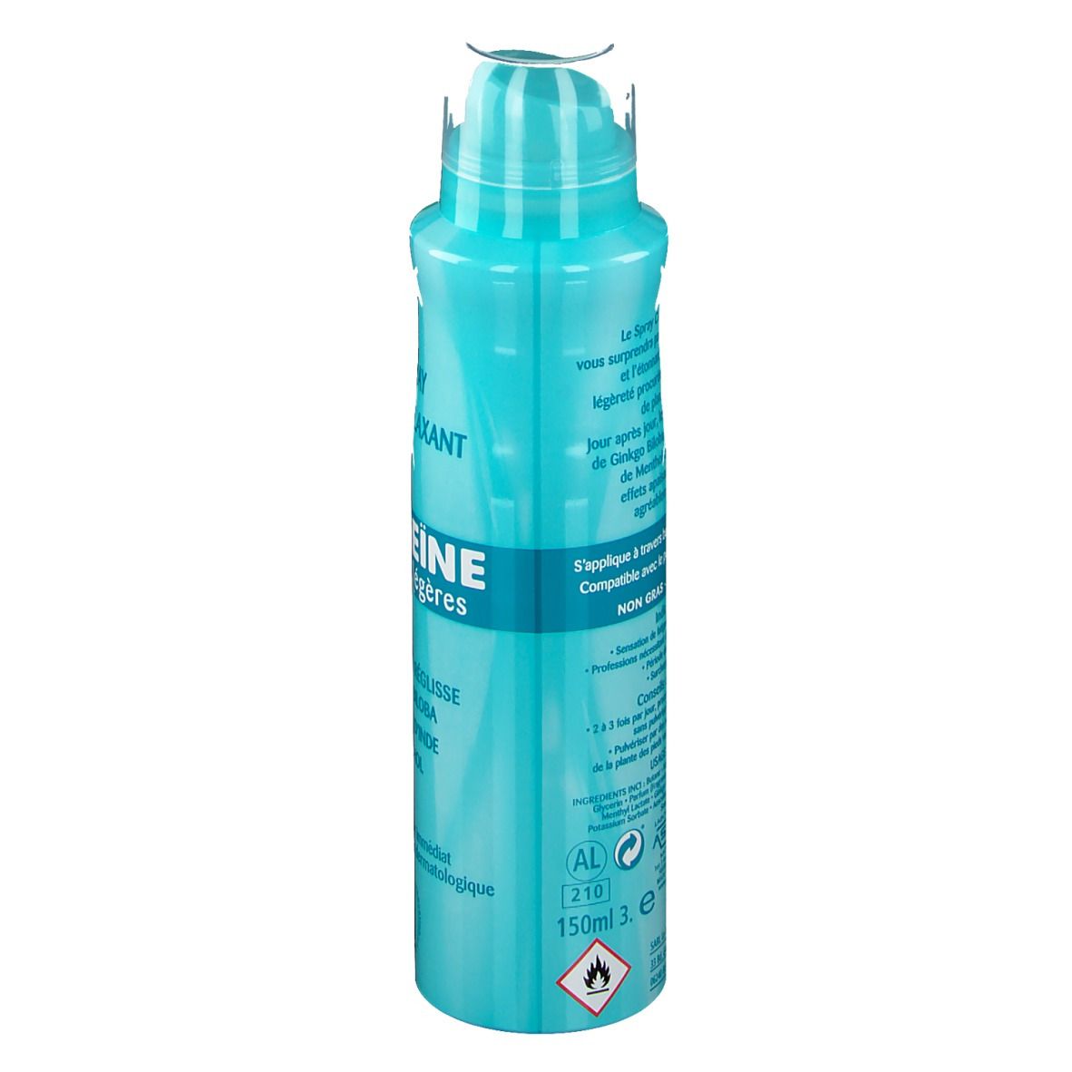 Flacon spray bleu turquoise avec bouchon blanc. Inscriptions en français, dont « Cryo Relaxant ». Contenance : « 150ml 3.e ».