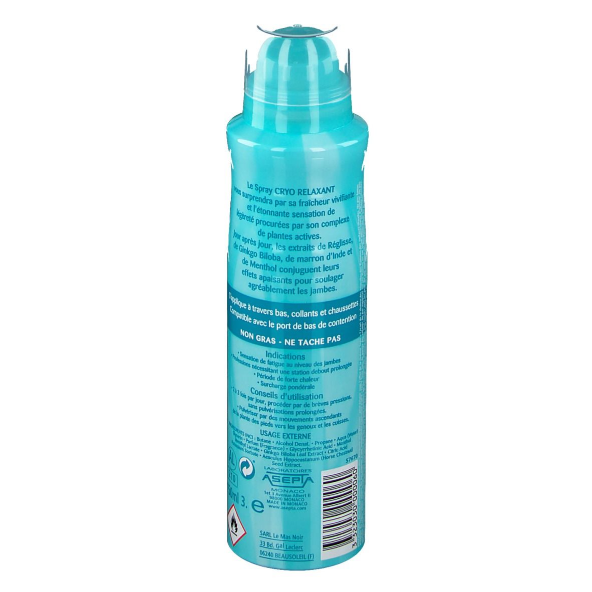 Flacon spray bleu turquoise avec bouchon blanc. Texte en français. Inscription : « NON GRAS - NE TACHE PAS » et autres textes.