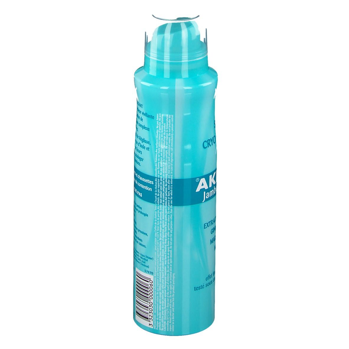Flacon spray bleu turquoise avec bouchon blanc. Inscription : « AKILEINE Jambes légères ». Texte en français et code-barres.