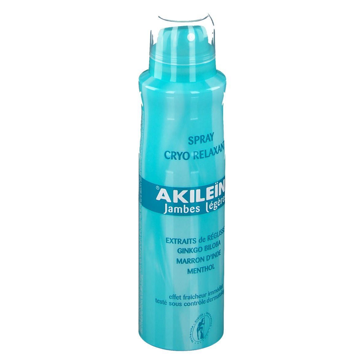 Flacon spray bleu turquoise avec bouchon blanc. Inscription : « AKILEINE Jambes légères ». Texte : « SPRAY CRYO RELAXANT » et autres.