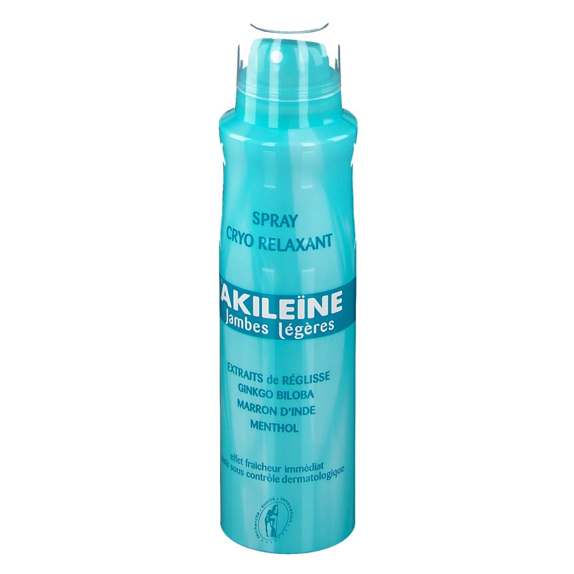 Flacon spray bleu turquoise avec bouchon blanc. Inscription : « AKILEINE Jambes légères ». Texte : « SPRAY CRYO RELAXANT » et autres.