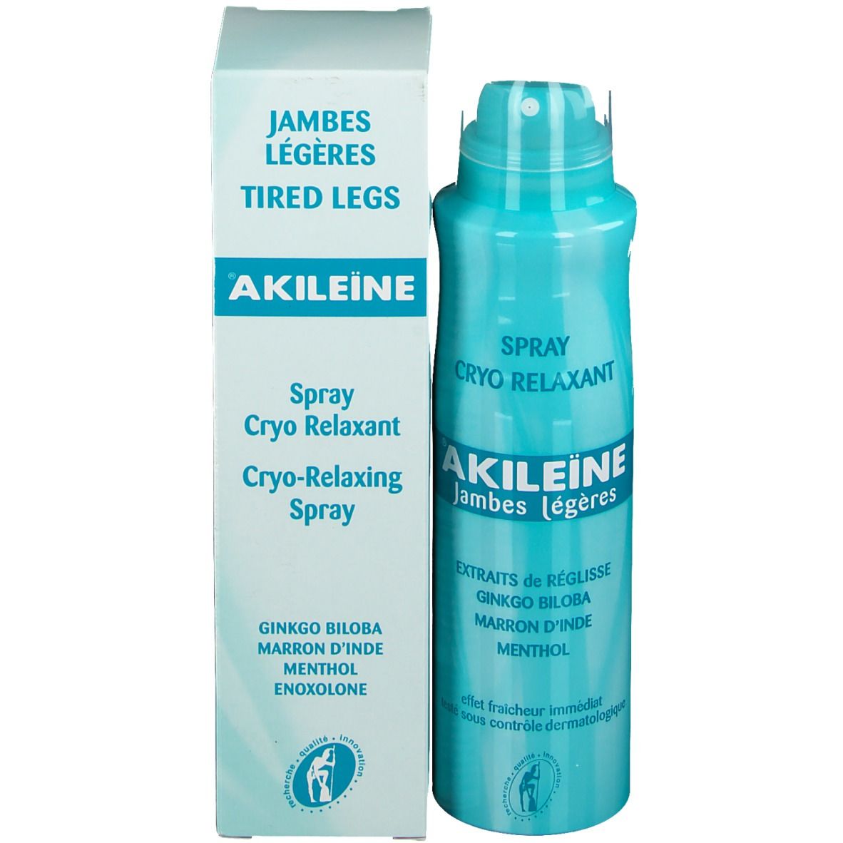 Flacon spray bleu turquoise et boîte. Inscription : « AKILEINE Jambes légères ». Texte : « SPRAY CRYO RELAXANT » et autres.