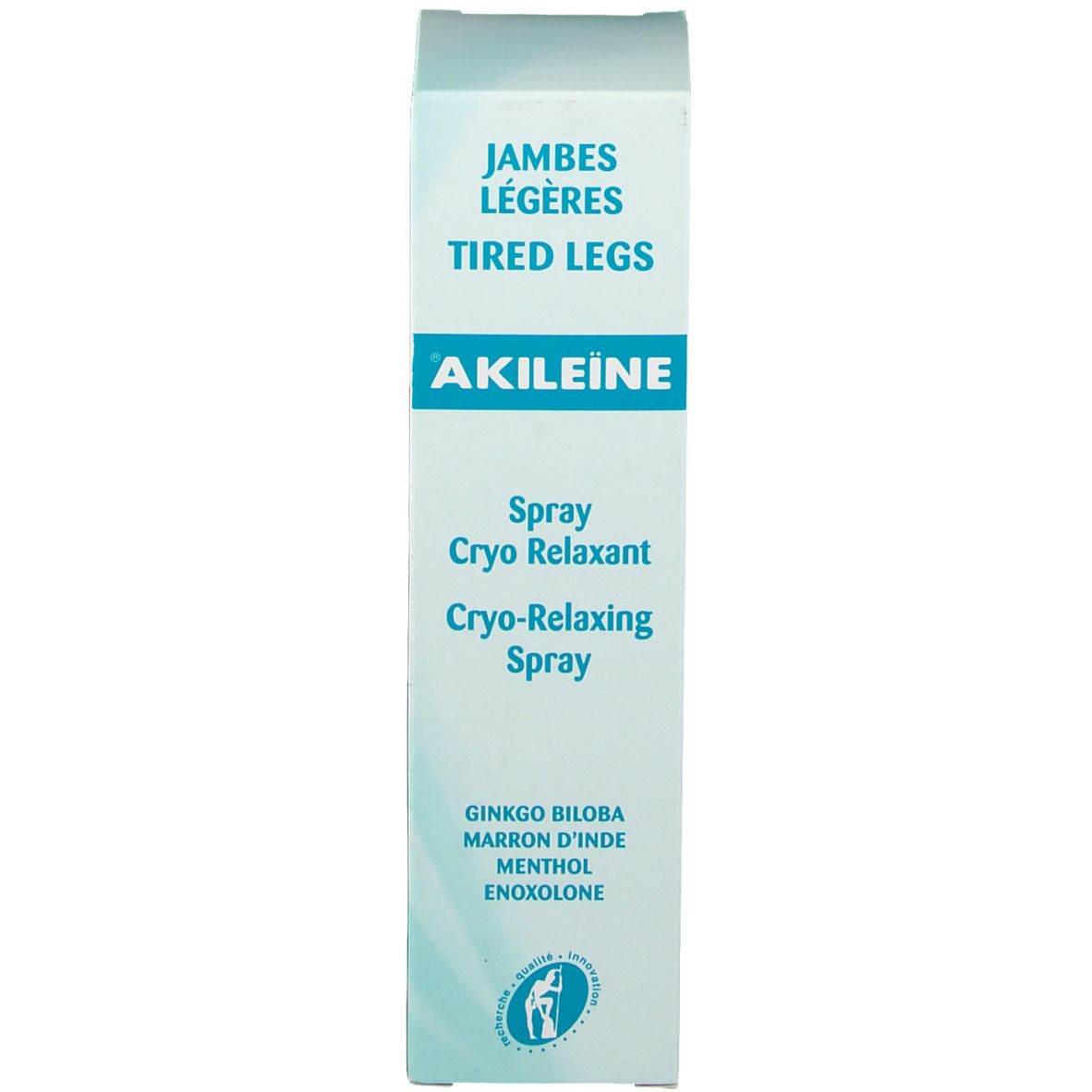 Boîte avec inscription : « AKILEINE ». Texte : « SPRAY CRYO RELAXANT » et autres. Couleurs : blanc et turquoise.