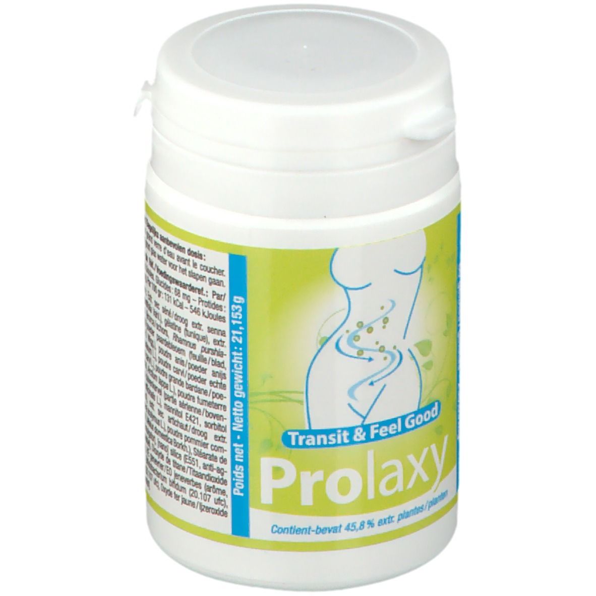 Boîte blanche avec étiquette verte. Inscription : Prolaxy. Texte avec informations nutritionnelles et ingrédients. Illustration d'un corps humain.