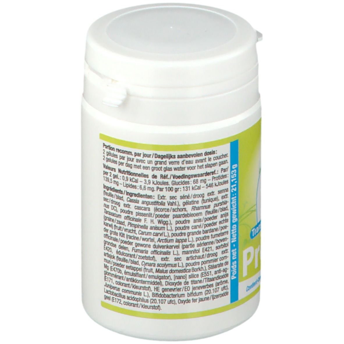 Boîte blanche avec étiquette verte. Inscription : Prolaxy. Texte avec informations nutritionnelles et ingrédients. Illustration d'un corps humain.