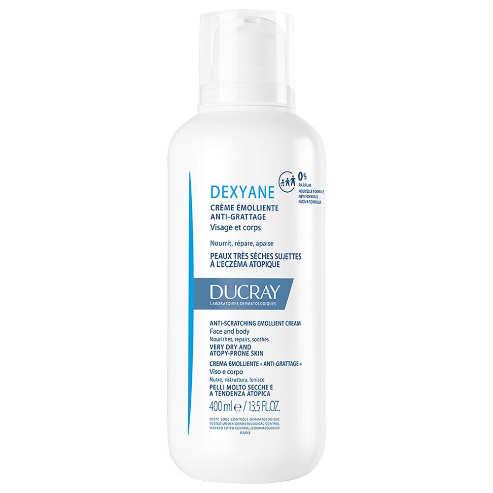 Flacon blanc de crème DUCRAY Dexyane. Étiquettes bleues et blanches avec informations produit. 400 ml.