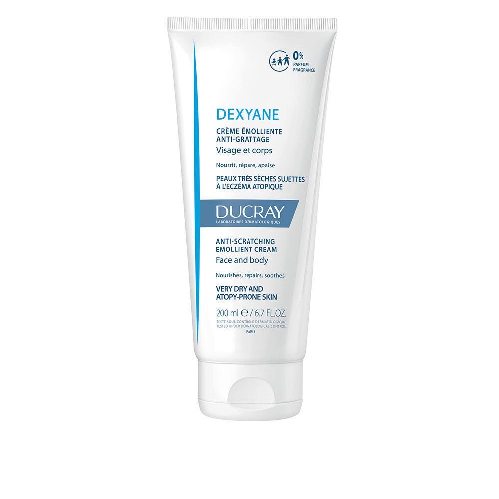 Tube blanc avec texte bleu. Contient Dexyane Crème Émollient Anti-Grattage. 200 ml. Pour visage et corps. Marque Ducray.
