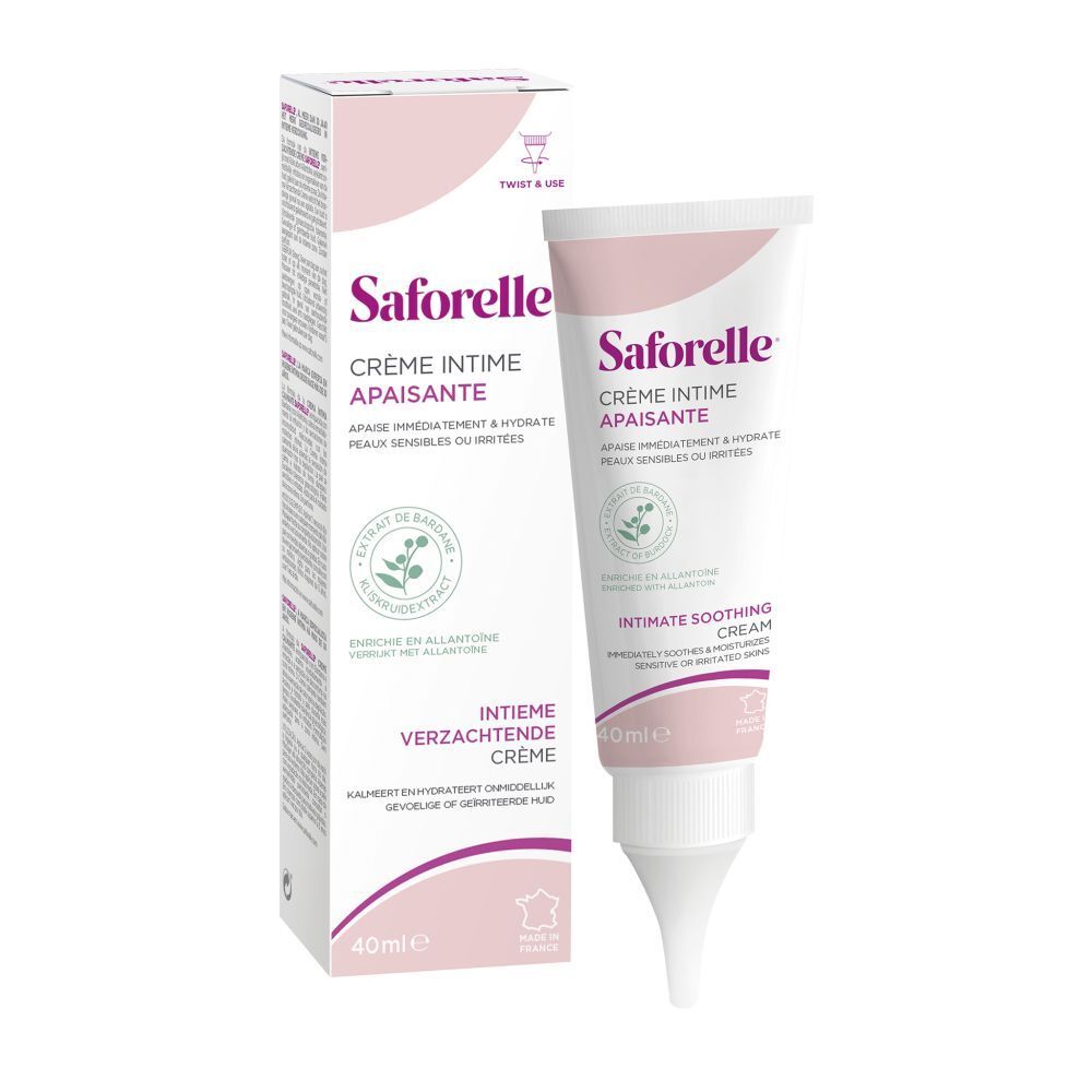 Tube et boîte de Crème Intime Apaisante Saforelle. 40ml. Rose et blanc. Drapeau français.