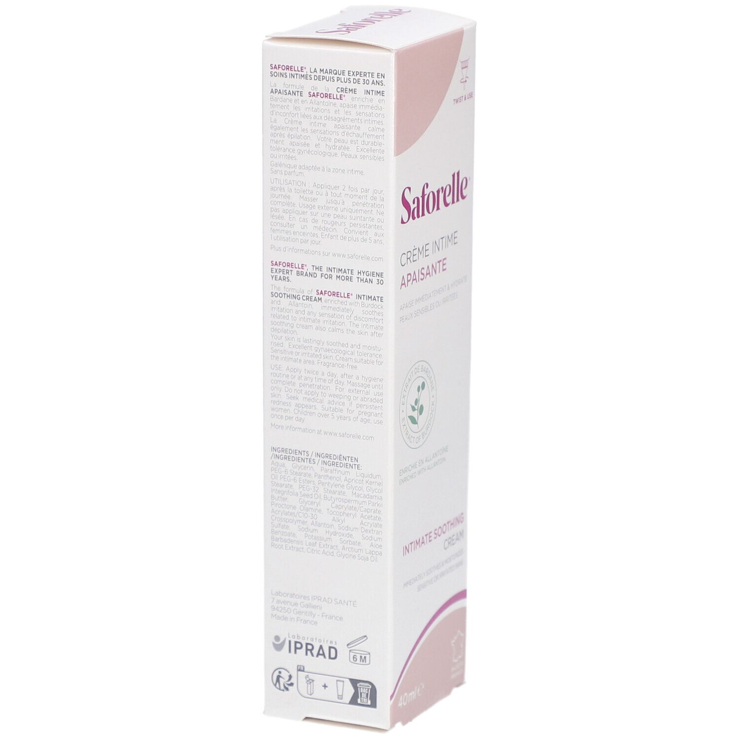 Emballage Crème Intime Apaisante. Rose et blanc. Texte sur l'emballage. Drapeau français. 40ml.