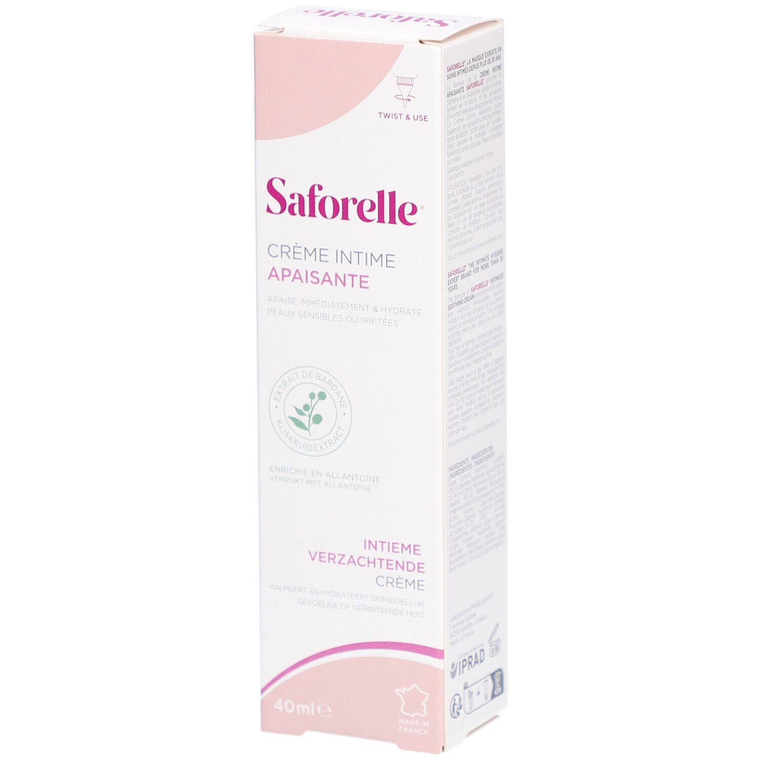 Emballage Crème Intime Apaisante. Rose et blanc. Texte sur l'emballage. Drapeau français. 40ml.