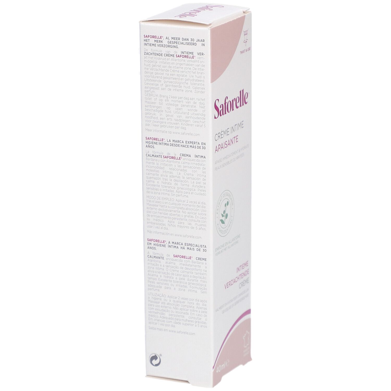 Emballage Crème Intime Apaisante. Rose et blanc. Texte sur l'emballage. Drapeau français. 40ml.