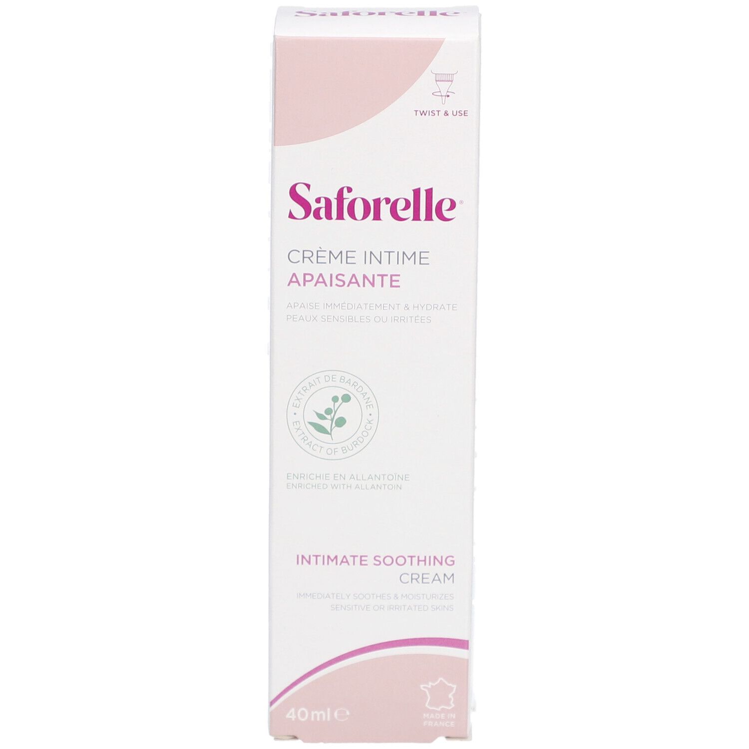 Emballage Crème Intime Apaisante. Rose et blanc. Texte sur l'emballage. Drapeau français. 40ml.