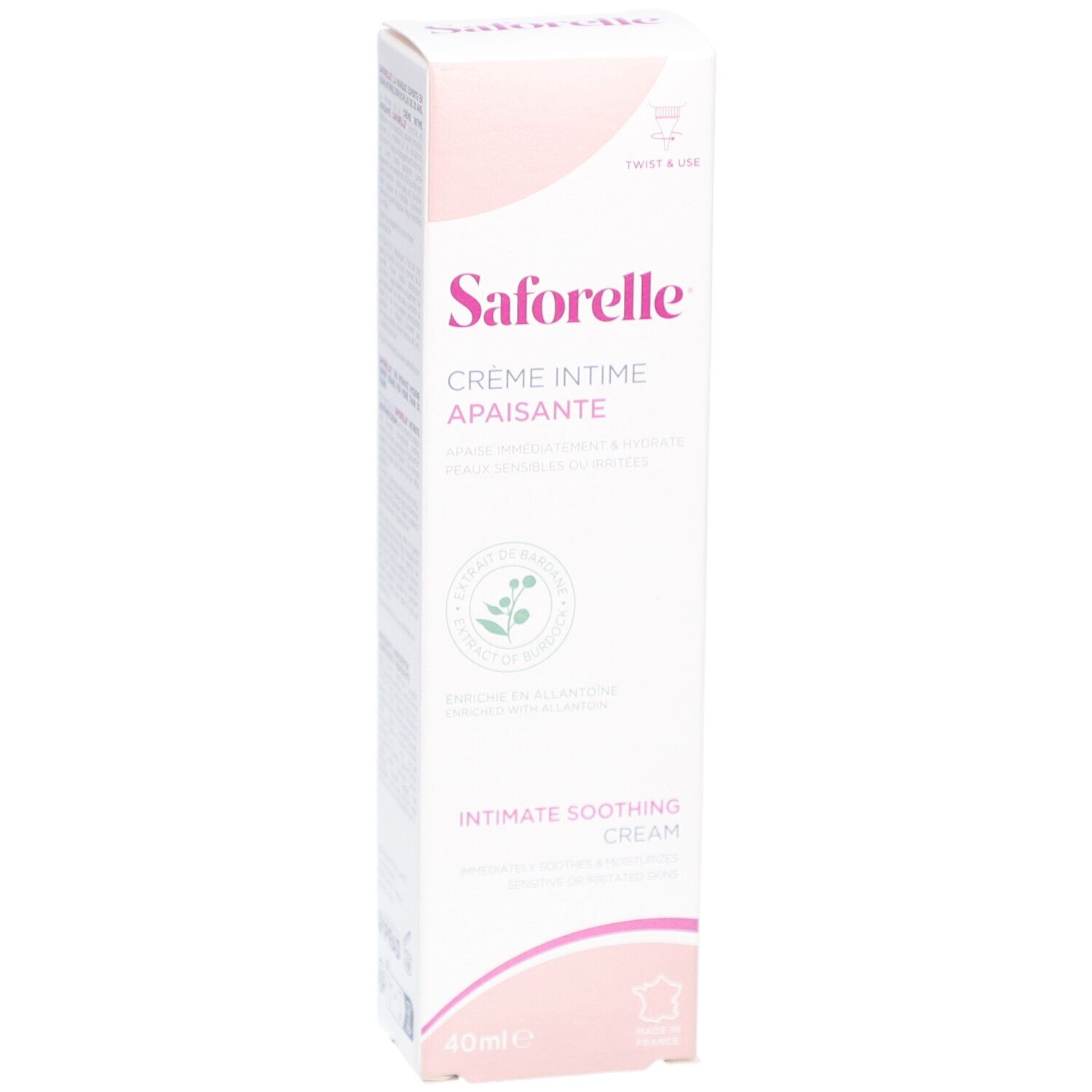 Emballage Crème Intime Apaisante. Rose et blanc. Texte sur l'emballage. Drapeau français. 40ml.
